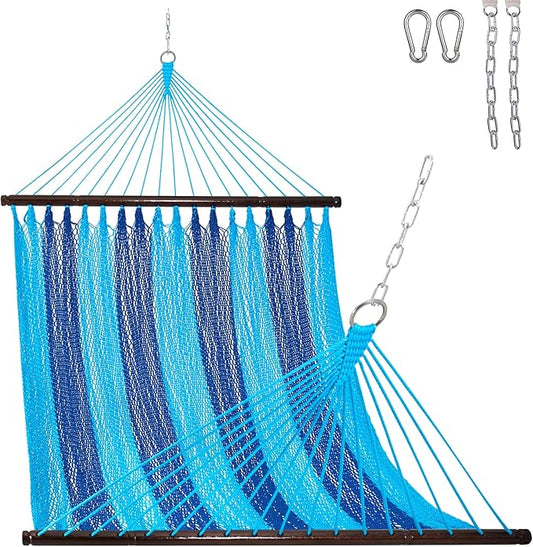 Lazy Daze Hammocks 10.5 FT Double 2 Person Caribbean Rope Hammock, Hand Woven Polyester Hammock with Spreader Bars, for Outside Outdoor Backyard Patio Poolside, 450 LBS Capacity, Blue/SkyBlue