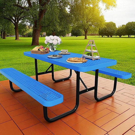 6FT Picnic Tables for Outdoors, Rectangular Commercial Metal Picnic Table Bench Set with Umbrella Hole,Heavy Duty Steel Weather-Resistant Dining Table for Patio Dining Garden Backyard BBQ School