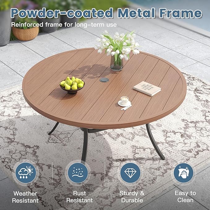 DIFY Patio Round Dining Table, 53" All Weather Round Outdoor Table with 1.57" Umbrella Hole for 8 Person, Perfect for Yard, Balcony and Lawn, Walnut