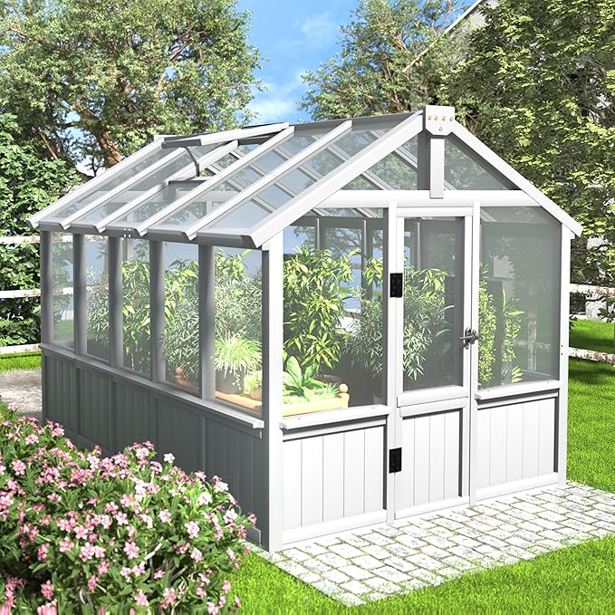 MUPATER 6 × 10 FT Cedar Wood Greenhouse for Outdoors, Outdoor Greenhouse With Polycarbonate Panels, Adjustable Vent Windows and Lockable Door, Wooden Walk-In Green House Kit for Garden, Lawn, Backyard