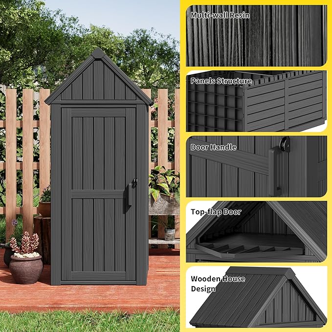 Fancyango Outdoor Resin Storage Shed, Upgrade Sturdy Storage Cabinet with Removable Shelves and Lock Ring, Reinforced Floor, All-Weather Construction for Garden Patio Lawn (Black)