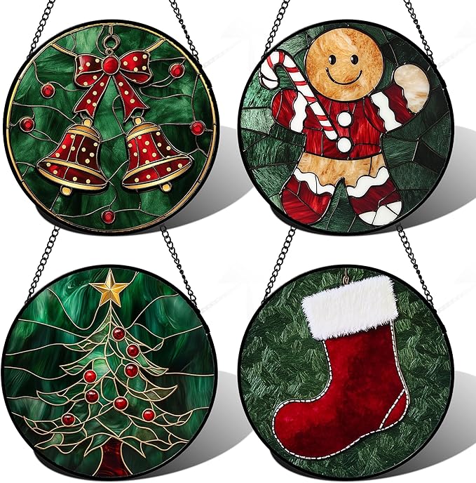 AMDERVEN Stained Glass Window Hanging 4 Pcs Set Red Christmas Stockings and Gingerbread Large 15" - Suncatcher Door Garden Sun Catcher Decor Birthday Mother's Day Xmas Gifts for Mom Woman Nana Men