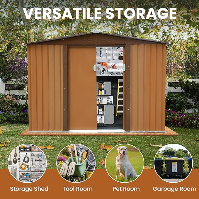 8x8 FT Outdoor Storage Shed Metal Garden Shed Updated Frame Structure with Lockable Sliding Door, Steel Anti-Corrosion Outside Sheds Waterproof for Backyard, Pool, Patio, Coffee