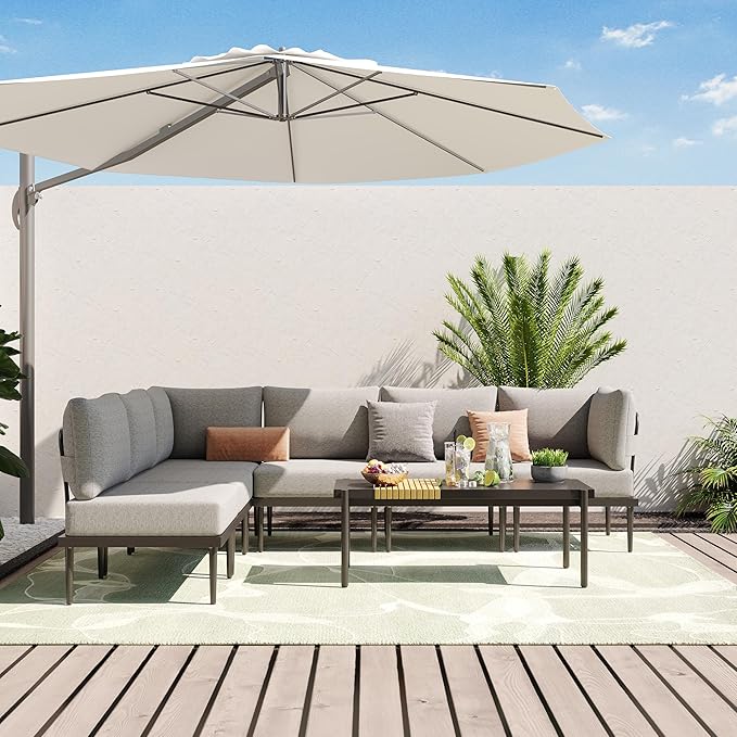Sundale Outdoor 7 Pieces Metal Patio Furniture Set, Outdoor Sectional Sofa with 6 Inch Olefin Cushion, Modern Outdoor Conversation Sets (6 Seats, Grey Frame)