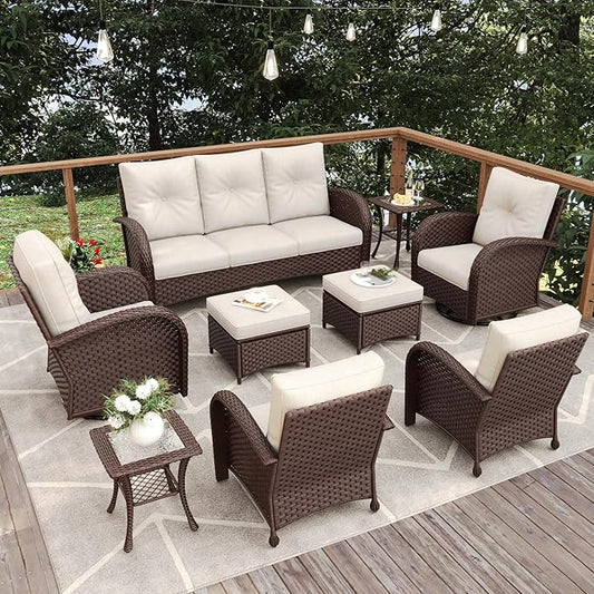 9 Pieces Patio Furniture Sets, Wicker Rattan High Back Outdoor Swivel Rocking Chairs Set with 3-Seat Couch, Ottomans and Side Table