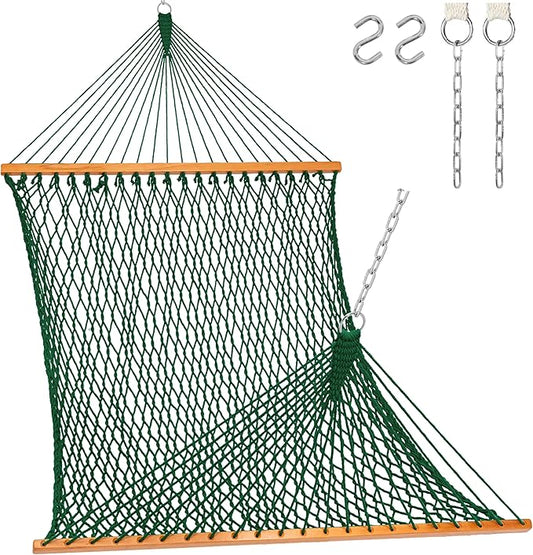 Lazy Daze Hammocks 12FT Double Rope Hammocks, 2 Person Hand Woven Cotton Hammock with Spreader Bar for Outside, Patio, Poolside, FIT 13-15 Foot Stand, Max 450 Lbs, Green, 141 x 57 inches