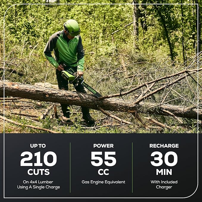 Greenworks 82V 18" Brushless (2.7 kW) Cordless Chainsaw (210 Cuts Per Charge), 4.0Ah Battery and Dual Port Rapid Charger (Great For Landscapers and Professionals)