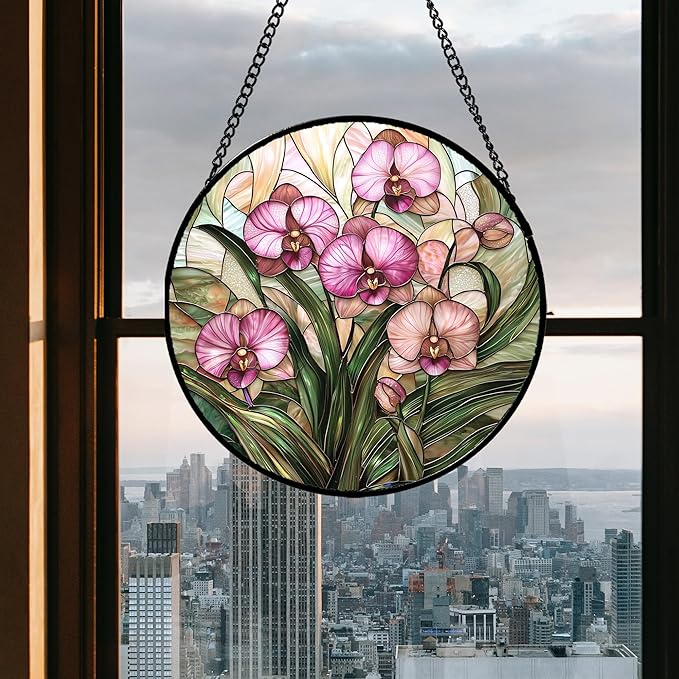 AMDERVEN Stained Glass Window Hanging - Pink Phalaenopsis Orchid Green Leaves Sun Catcher for Door Home Decor Flower Suncatcher Christmas Mother's Day Birthday Gifts for Women Men Mom Nana 15 in