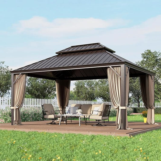 GREEN PARTY 12 X 16ft Hardtop Gazebo with Nettings and Curtains, Heavy Duty Double Roof Galvanized Steel, Outdoor Aluminum Gazebos Pergolas for Patios, Backyard, Deck, Garden, Lawns