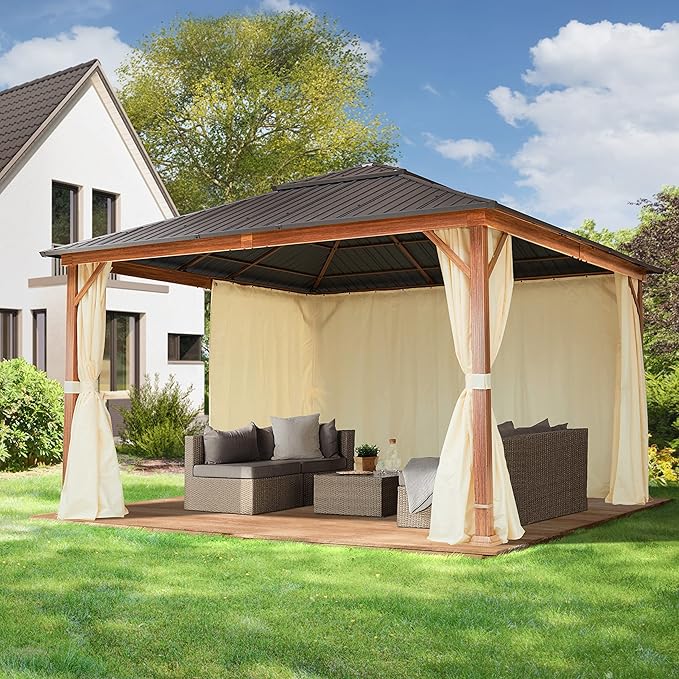 TOOLPORT Hardtop Gazebo 13x13 ft - Wood-Effect Finish - Steel Roof - 4 Side Panels in Champagne