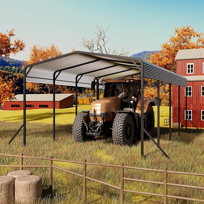 Lyromix 12x20 FT Outdoor Metal Carport, Heavy Duty Carport with Galvanized Steel Roof and 4 Support Feet, Extra Large Car Port Garage Shelter for Car, Boat and Tractor