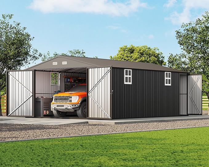 Jocisland 13.2x20.7x8.4 FT Heavy Duty Metal Carport, Car Canopy with 2 Lockable Doors & 4 Windows, All-Weather Car Shelter for Car, Boat, Truck, Equipment Storage, Dark Gray