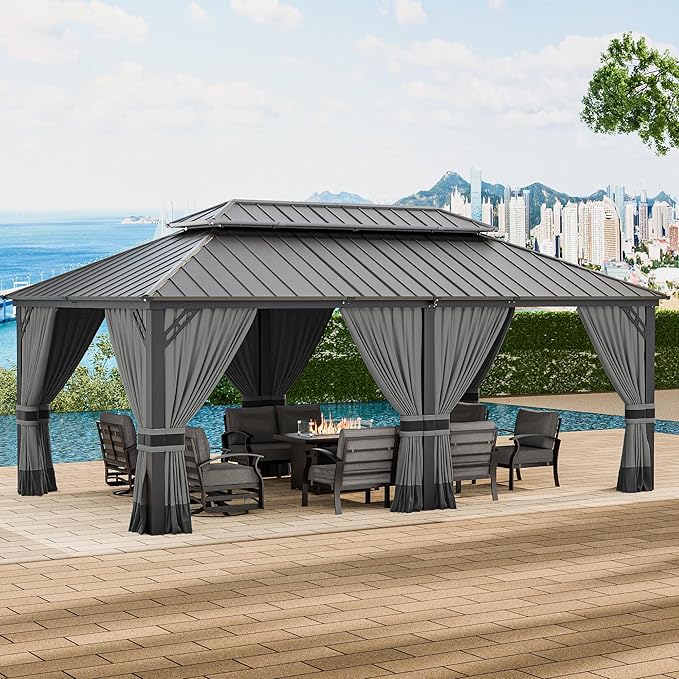 12’x20’ Hardtop Gazebo Outdoor Aluminum Frame Permanent Gazebo Galvanized Steel Double Roof Gazebos with Nettings and Curtains for Patio, Lawns,Backyard, Deck(Grey)