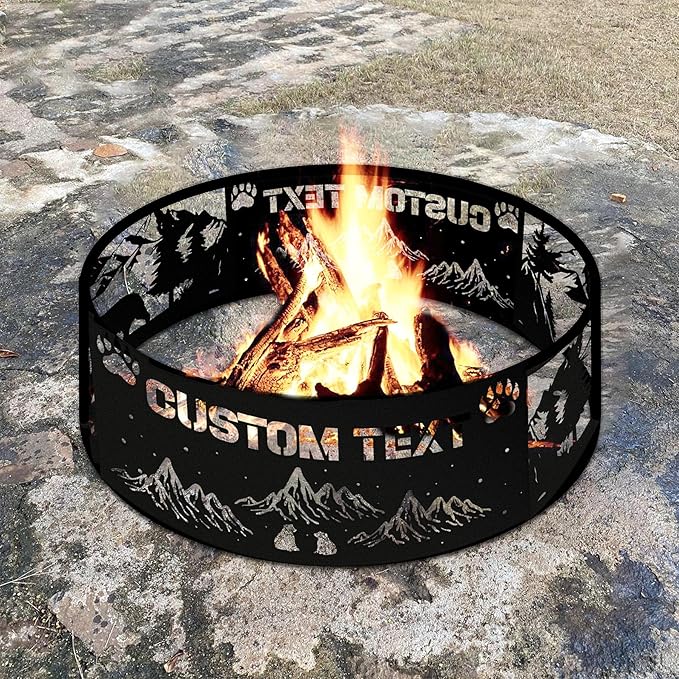 Personalized Fire Pit Ring 360 Degree, Outdoor Fireplace, Custom Text Fire Pits for Outside, Patio Firepit, Camping Bonfire Firepits, Garden BBQ Backyard Decor (Mountain)