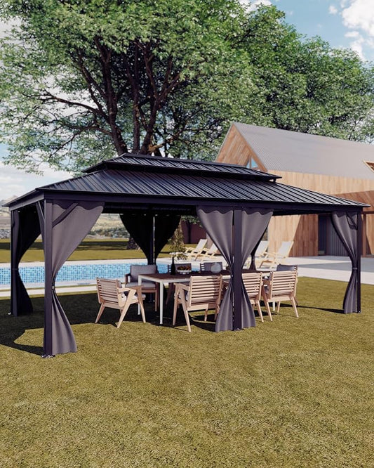 GarveeLife Hardtop Gazebo 12 ft x20 ft for All Weather, with Double Metal Roof, Aluminum Alloy Frame, Net, and Curtain, Permanent Building for Patio, Deck, Backyard, Lawn, and Garden