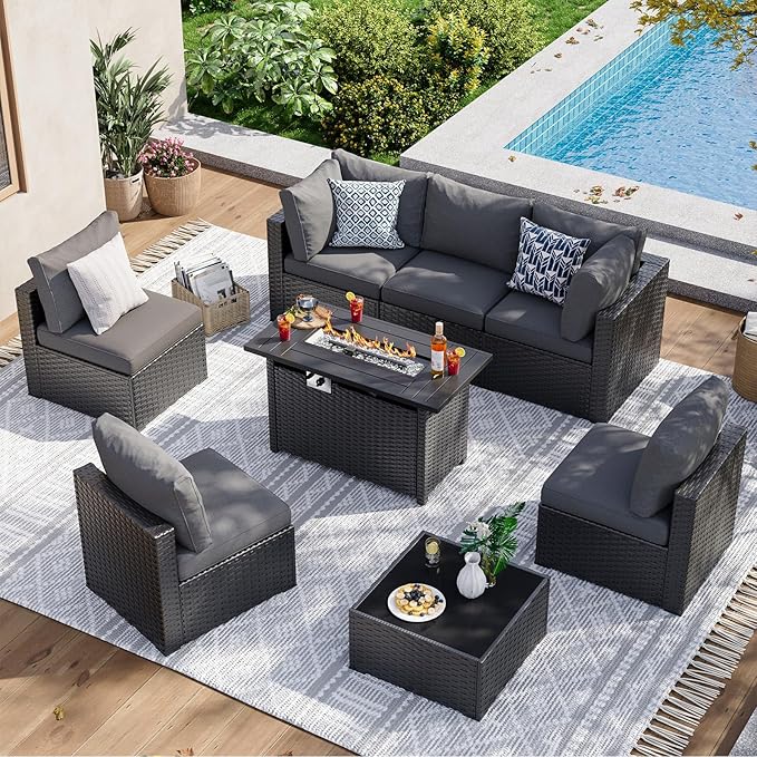 Aoxun 8 Piece Patio Furniture Set with 44” Fire Pit Table Wicker Rattan Patio Sectional Sofa Set Outdoor Seating Furniture with Thickened Cushion, Grey
