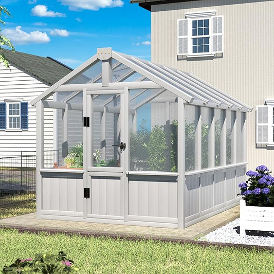 6x10 FT Green House for Outdoor, Thicken Polycarbonate Panel Wooden Walk-in Greenhouse Kit with Lockable Door and Adjustable Roof Vent, Backyard Garden, White