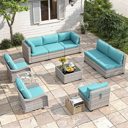 8-Seat Modern Patio Furniture Set with Swivel Rocking Chairs, Thick 4″ Cushions, Dual-Strand Wicker Rattan, Rust-Resistant Steel Frame – Outdoor Conversation & Modular Sectional,Blue