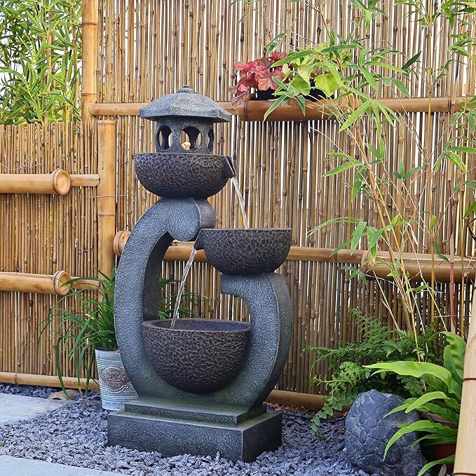 Tankana Water Fountain Outdoor Zen Feature - Garden Tranquil Pagoda Waterfalls Fountains Bowl with LED Lights & Pump for Patio Yard Porch Pool, Gray, 35.5 inches