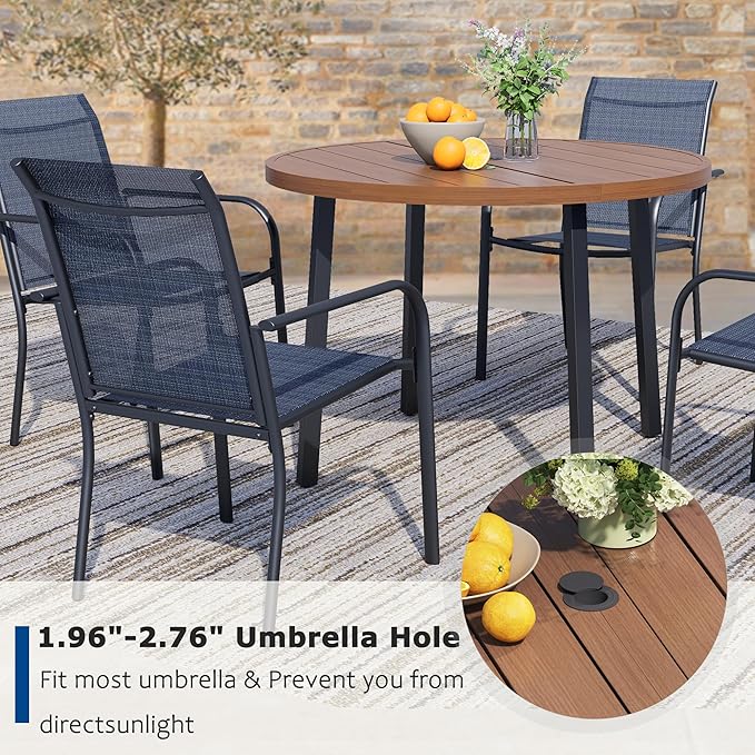 5 Pieces Patio Dining Set for 4, Dark Blue Patio Stackable Chairs and Walnut Round Table Set of 4, Outdoor Furniture Set with Sling Support for Outside, Garden