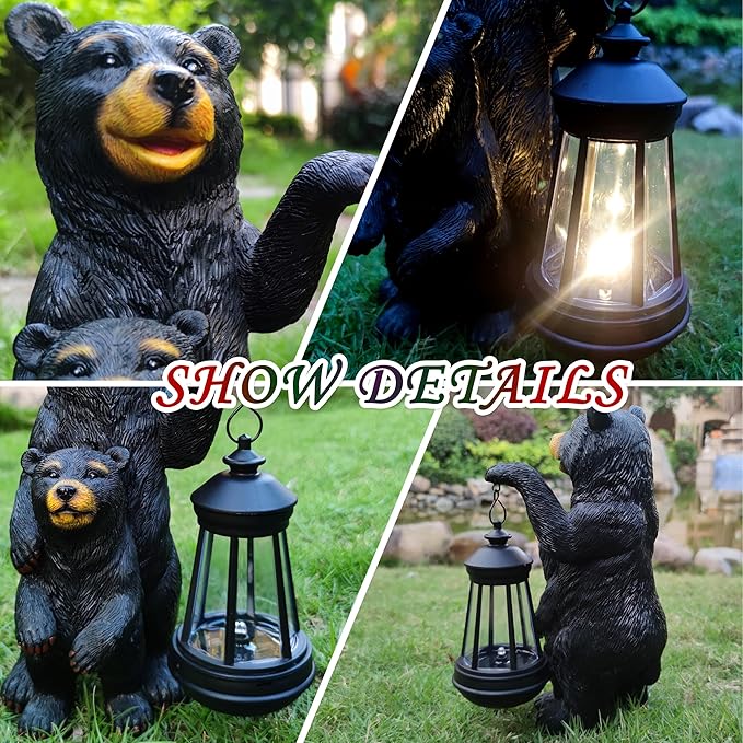 RCTTICUU Black Bear Solar Lantern Garden Statues，Loving Bear Figurine Lights for Outside Decoration ,Lawn Outdoor Decor for Patio,Balcony,Yard-Unique Gift for Grandma Wowen Mom