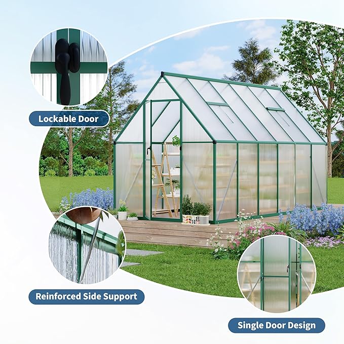 Polycarbonate Greenhouse for Outdoors, Large Walk-InGreenhouse with Quick Setup Structure and Roof Vent, Greenhouse with Ventilation