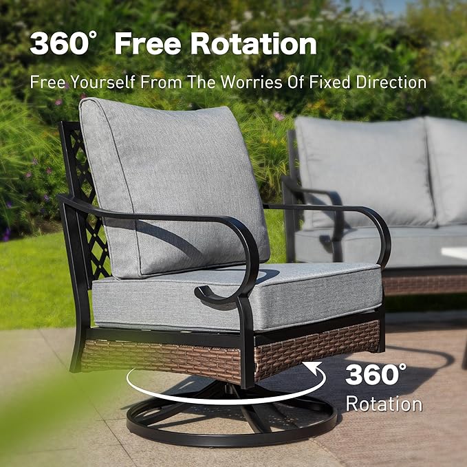 SUNSHINE VALLEY 4 PCS Metal Outdoor Patio Furniture Set, Patio Conversation Sets 1 3-Seater Sofa, 2 Swivel Chairs with 5.75" Extra Thick Cushion & Coffee Table, Black Frame Backyard Furniture, Gray