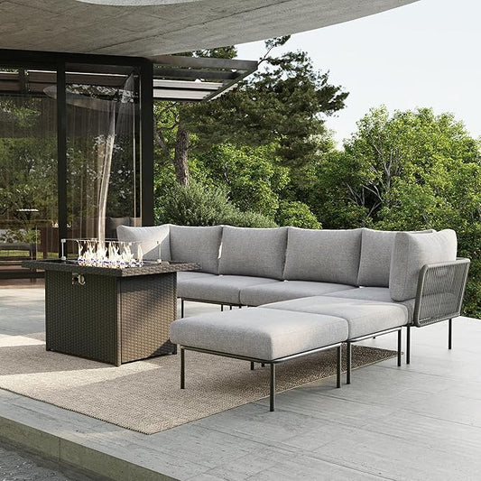 7 Piece Modern Outdoor Rope Wicker Sectional Patio L-Shaped Conversation Sofa Set Deep Seating with Fire Pit Table