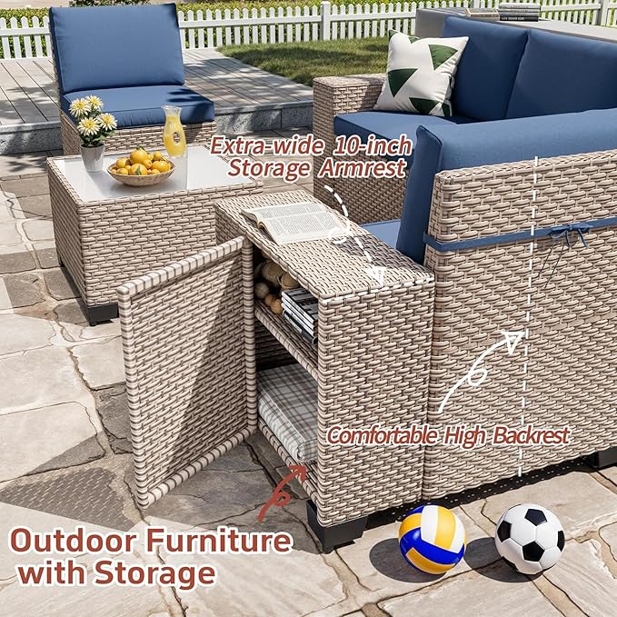 12 Pieces Patio Furniture Set, Outdoor Sectional Wicker Sofa with Thickened Cushions and Coffee Table, High Back Rattan Patio Conversation Sets for Garden Backyard, Navy