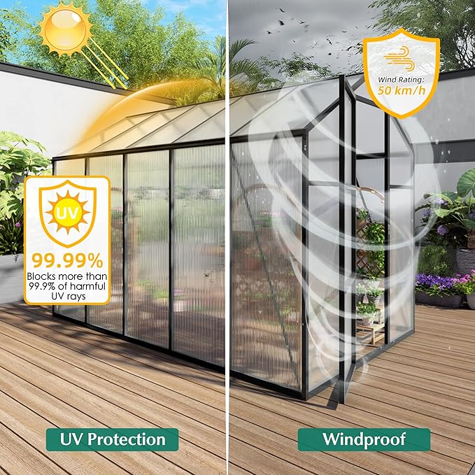 KEIKI 6x10 FT Polycarbonate Greenhouse for Outdoors, Heavy-Duty Walk-in Aluminum Greenhouse with Anchor Base, Light-Transmitting Panels & Drainage System, Black