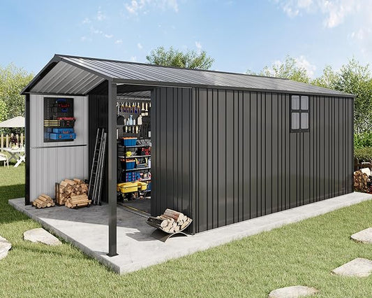 AMERLIFE 10x16.6x7.3 FT Outdoor Storage Shed with Lounge Area, Metal Garden Shed with Sliding Doors, 2 4-Pane Windows & 4 Vents, Heavy-Duty Weather-Resistant Steel for Garden & Backyard, Dark Gray