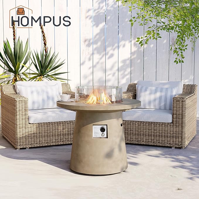 HOMPUS Outdoor Fire Pit Gray Propane Fire Table 31 inch Round Concrete Propane Fire Pit with Rain Cover 40,000 BTU Gas Smokeless Firepit for Outside Patio,Garden,Deck,Backyard