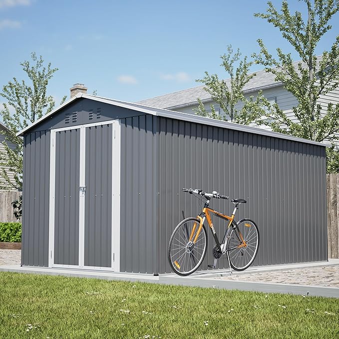 8x12 FT Metal Outdoor Storage Shed,Garden Shed W/ 2 Reversible Lockable Doors & Updated Frame Structure,Outdoor Backyard Tool House W/ 4 Air Vents & Sloped Roof,for Patio,Lawn,Grey