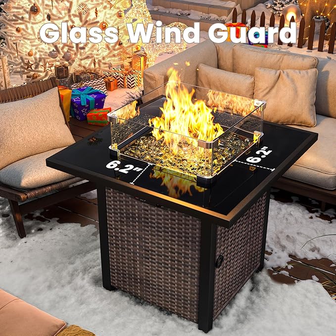 Propane Fire Pit Table, Outdoor Fire Pit Table, 28" Rattan Square Outdoor Gas FirePit with Glass Wind Guard, Tempered Glass Tabletop, Lid, CSA Listed, 50,000 BTU, Outside Patio Deck & Garden, Brown