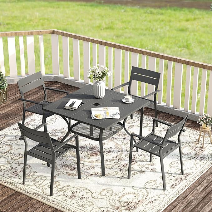 VICLLAX 37.8" Square Outdoor Patio Table, All Weather Metal Outdoor Dining Table for Lawn Garden, Grey Wood-Like Tabletop