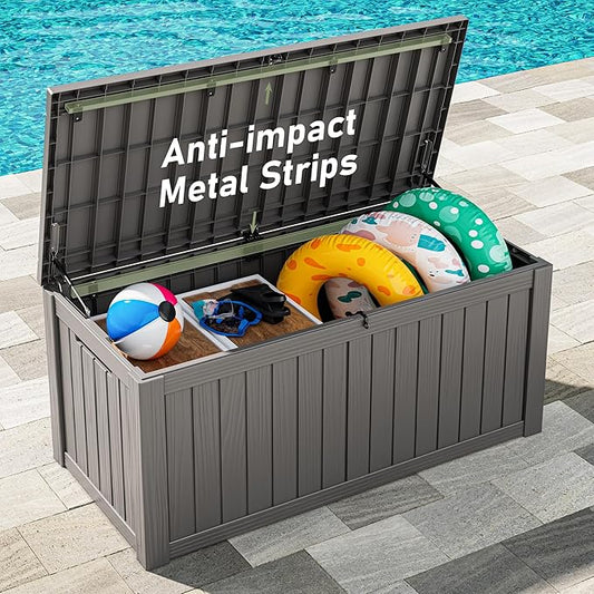 Outdoor Storage Box, Resin Deck Boxes Indoor and outdoor, Waterproof Storage Box Lockable Lid (Grey, 150 Gallon)