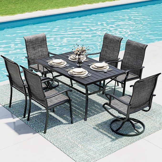 Pamapic 7-Piece Outdoor Dining Set, Patio Dining Set for 6, All-Weather Outdoor Patio Set with 2 Textilene Swivel Chairs & 4 Regular Chairs for Garden, Poolside, Deck，Gray