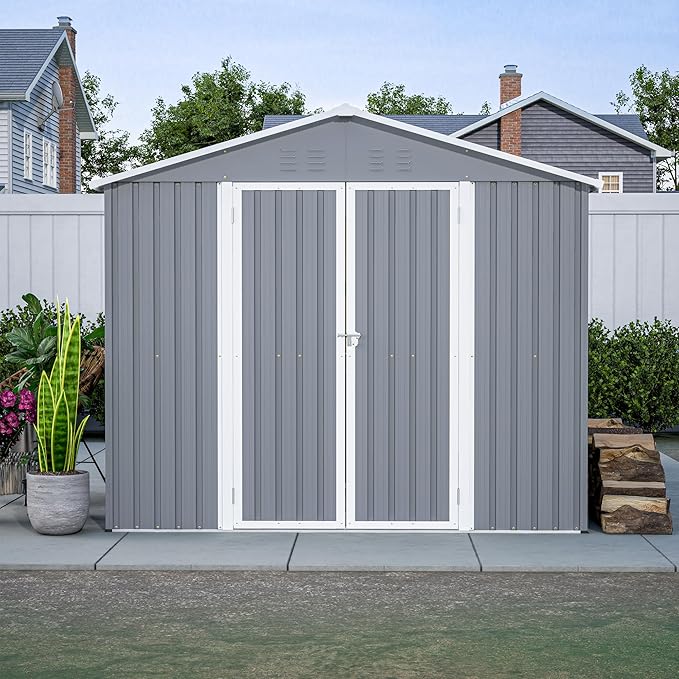 8x12 FT Outdoor Storage Shed W/Floor Frame,Metal Shed W/Double Lockable Doors,Garden Tool House W/ 2 Vents & Sloped Roof,for Backyard Patio Lawn,Gray
