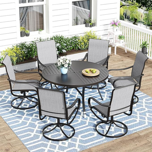 MFSTUDIO Patio Table and Chairs Set of 6, Round Outdoor Dining Set with Umbrella Hole, 7 Piece Patio Dining Set for Deck, Backyard, Poolside & Garden