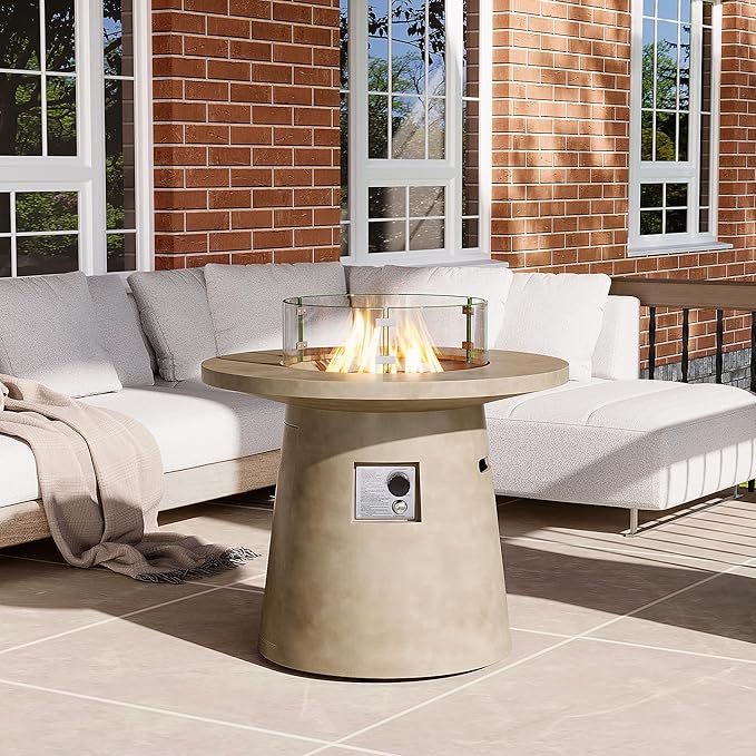 HOMPUS Outdoor Fire Pit Gray Propane Fire Table 31 inch Round Concrete Propane Fire Pit with Rain Cover 40,000 BTU Gas Smokeless Firepit for Outside Patio,Garden,Deck,Backyard