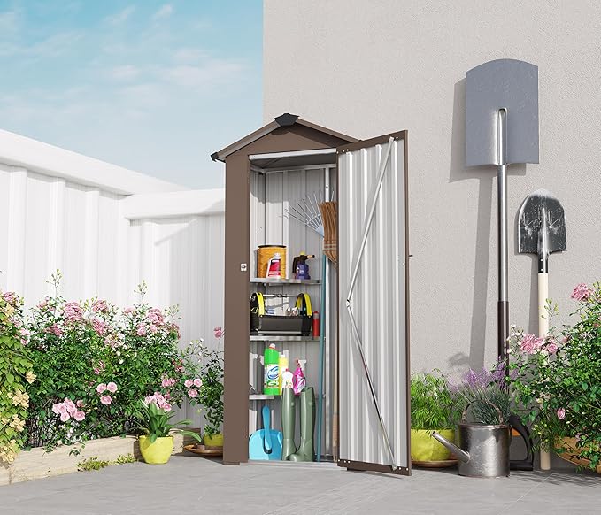2.5x1.4 FT Outdoor Storage Shed, Tool Shed with Waterproof Roof and Lockable Door,Metal Shed with Adjustable Open Shelves for Backyard Garden Patio Lawn,Brown