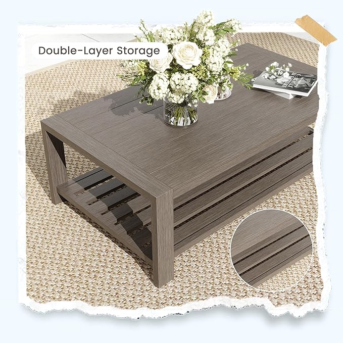 UDPATIO 6 Piece Aluminum Patio Furniture Set 7 Seats Modern Outdoor Furniture Faux Wood Grain Patio Conversation Sets with Olefin Fabric Thick Cushions, 600D Waterproof Cover Included, Dark Grey