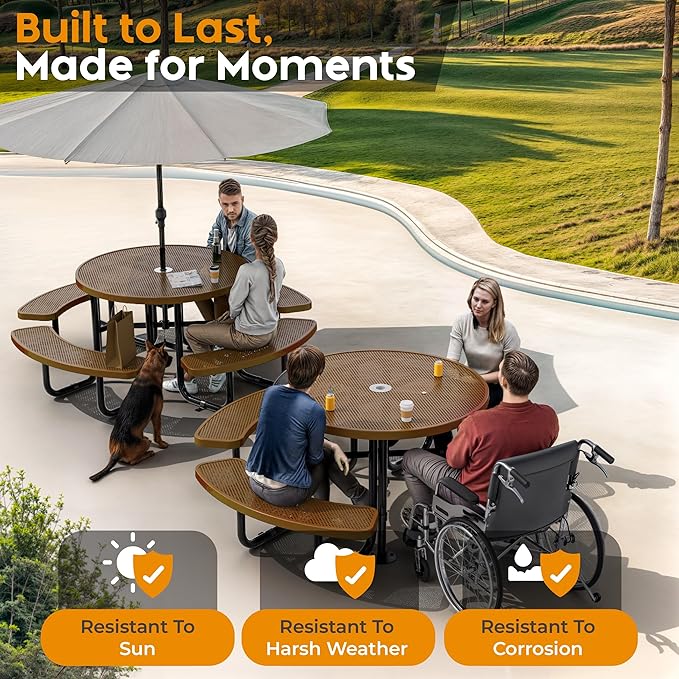 OUTTANS Metal Picnic Tables for Outdoors with Umbrella Hole - Coated Steel Heavy Duty Commercial Grade Furniture Set with Adjustable Seats (Brown, 46 in, Round, Punched Steel)