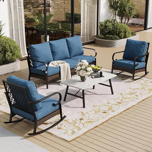 4 PCS Metal Outdoor Patio Furniture Set, Patio Conversation Sets 1 3-seater Sofa, 2 Rocking Chairs with 5.75" Extra Thick Cushion & Coffee Table, Black Frame Backyard Furniture, Blue-2