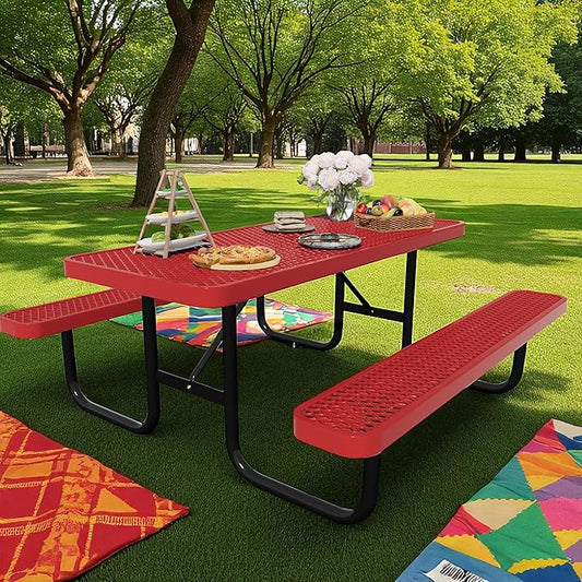 6FT Picnic Tables for Outdoors, Rectangular Commercial Metal Picnic Table Bench Set with Umbrella Hole,Heavy Duty Steel Weather-Resistant Dining Table for Patio Dining Garden Backyard BBQ School
