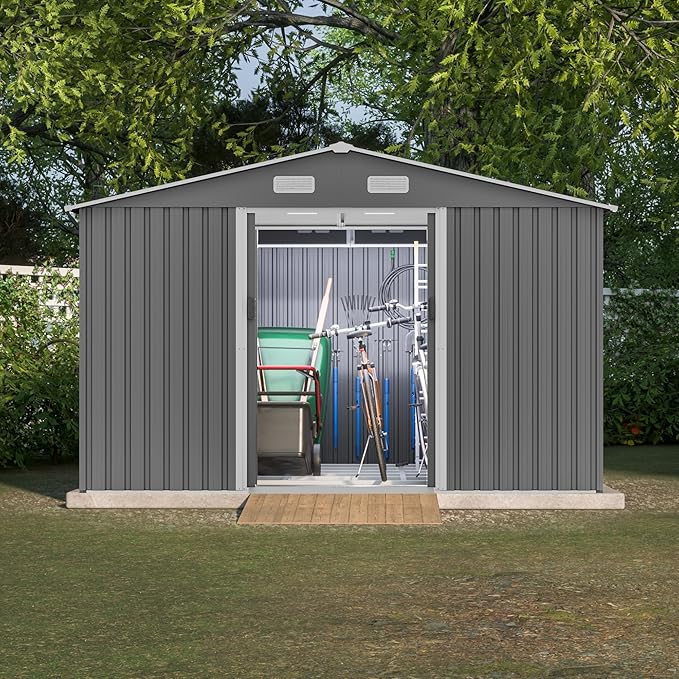 Favfurish Outdoor Storage Shed 10x8 FT with Lockable Sliding Doors,Metal Waterproof Tool Sheds W/Sloped Roof and Vent,for Backyard,Patio,Lawn,Grey