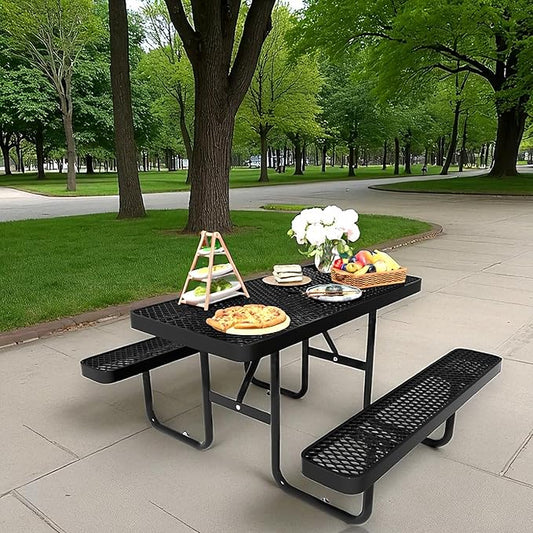 HIMcup 4 FT Metal Picnic Tables for Outside, Outdoor Coated Steel Heavy Duty Commercial Picnic Table with Benches, Patio Table Rectangular Furniture Set for Garden, Lawn, Shops, Parks