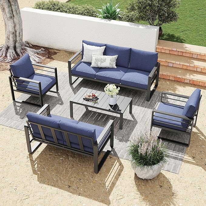 Patiorama Aluminum Patio Furniture Set, 2 PCS Outdoor Armchairs Single Sofa Couch, All Weather Dark Grey Metal Chair with Olefin Cushion, Deep Seating, 300 lbs Capacity, Deck, Garden-Blue Cushion