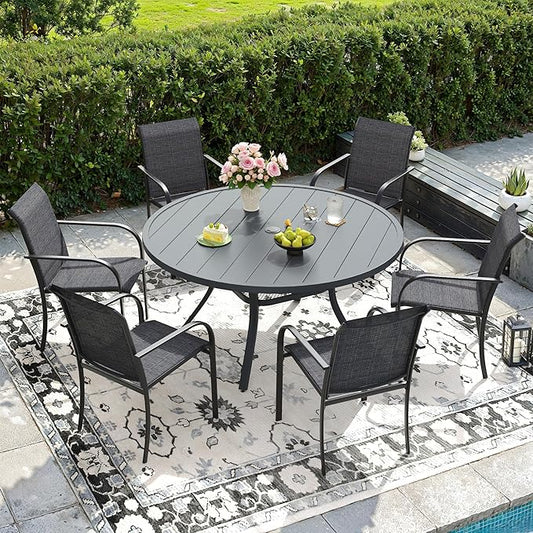 DIFY 48" Round Patio Dining Table for 6, All Weather Round Outdoor Metal Dining Table with 1.57" Umbrella Hole, Perfect for Backyard Lawn Garden, Grey