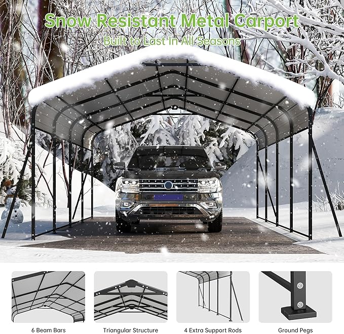12x20FT Metal Carport, Heavy Duty Frame with Updated Galvanized Steel Roof, Enhanced Base, Outdoor Garage Car Storage Shelter for Cars, Boats, Tools, Party